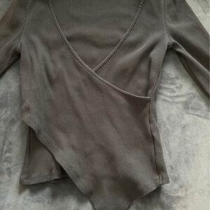 Topshop Gray Asymmetrical Wrap Bodysuit 3/4 Sleeve